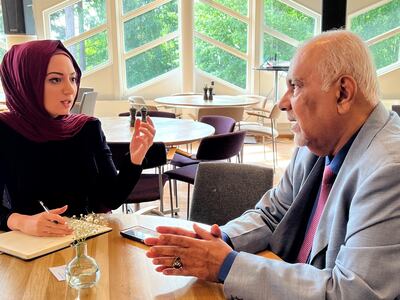 Yassin Makkawi, right, adviser to the head of Yemen's Presidential Council, speaks to 'The National' at the Yemen International Forum in Stockholm, Sweden, on June 17. Courtesy: Thanos Petouris