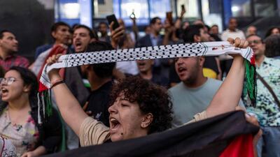Egyptian journalists during a protest in solidarity with Palestinians at the headquarters of the Syndicate of Journalists in Cairo on Wednesday. AFP