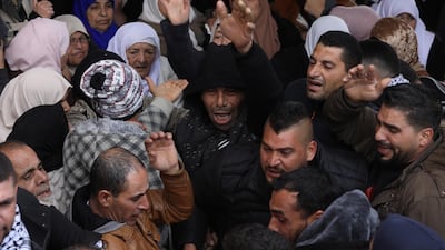People mourn as others carry the body of Bader Nidal Nafleh (19) during his funeral n the West Bank village of Qafen near Tulkarem city. EPA
