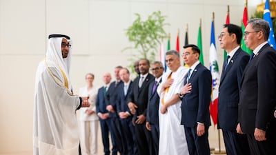 President Sheikh Mohamed receives the credentials of 18 newly appointed ambassadors to the UAE at a presentation ceremony in Abu Dhabi. Abdulla Al Bedwawi / UAE Presidential Court
