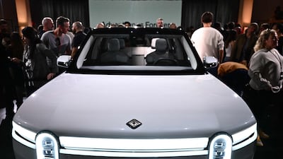 The Rivian R2 at its launch in Laguna Beach, California. The electric vehicle is expected to start at about $45,000. AFP