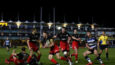 Chris Ashton of Saracens gathers the ball during the English Premiership match against Bath on Friday night. Michael Steele / Getty Images / April 1, 2016