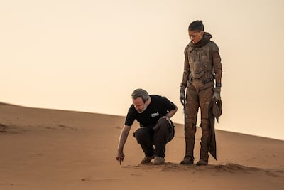 Denis Villeneuve and Zendaya during filming in Abu Dhabi, where Dune: Part Three completed a 31-day shoot involving more than 600 UAE-based crew members, performers, contractors and interns. Photo: AD Film Commission
