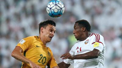 Trent Sainsbury of Australia competes for the ball with Ahmed Khalil of UAE during their World Cup qualifier on September 6, 2016, at Mohamed Bin Zayed Stadium in Abu Dhabi. Francois Nel / Getty Images