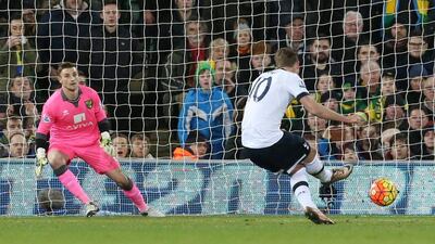 Harry Kane scores Tottenham Hotspur’s second goal on Tuesday night against Norwich City from a penalty. Matthew Childs / Action Images / Reuters