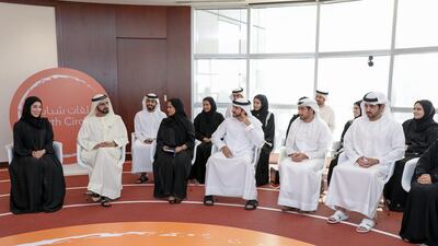 Sheikh Mohammed bin Rashid, Vice President and Ruler of Dubai, Sheikh Hamdan bin Mohammed, Crown Prince of Dubai, Sheikh Maktoum bin Mohammed, Deputy Ruler of Dubai, and Shamma Al Mazrui, Minister of State for Youth, take part in a Youth Circle discussion in Dubai. Wam