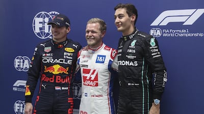 Kevin Magnussen with Max Verstappen and George Russell after the pre-qualification round prior to the Brazilian Grand Prix. EPA