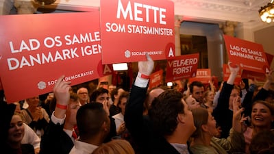 Supporters of Danish Social Democrats celebrate in the parliament in Copenhagen, Denmark. Reuters