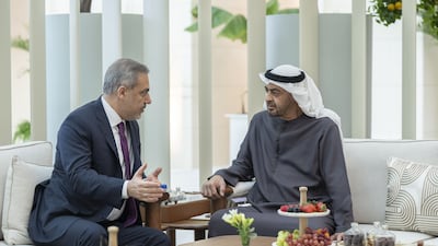 President Sheikh Mohamed and Turkish Foreign Minister Hakan Fidan hold talks in Abu Dhabi. Photo: Wam