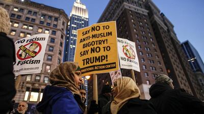 Protesters demonstrate against Donald Trump in New York in December after he proposed a ban on Muslims entering the US. Kena Betancur / AFP.