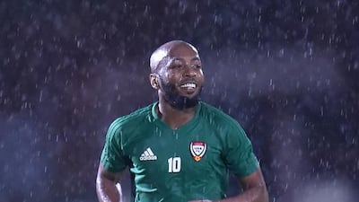 Ismail Matar trains in the rain ahead of the 2018 World Cup qualifier against Thailand. Courtesy UAE FA