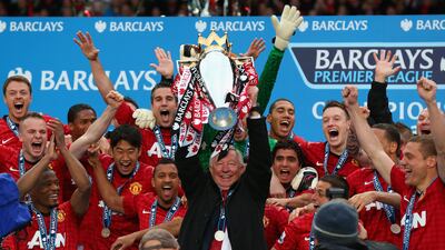 Alex Ferguson lifts the Premier League trophy after the 2012-13 season, when they were crowned with 89 points - the last time Manchester United were champions of England. Getty