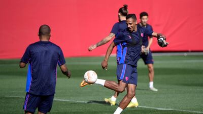 Sevilla's Fernando Reges attends a training session ahead of the Europa League quarter-final second leg against Manchester United at the Ramon Sanchez-Pizjuan Stadium. AFP
