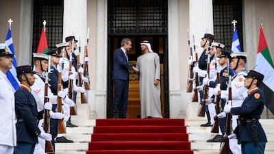 President Sheikh Mohamed is received by Mr Mitsotakis at the Maximos Mansion.