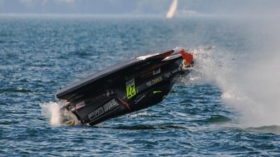 Ahmed Al Hameli of Team Emirates shown crashing on Saturday during qualifying for the UIM F1H20 Grand Prix of France. Photo Courtesy / F1H20