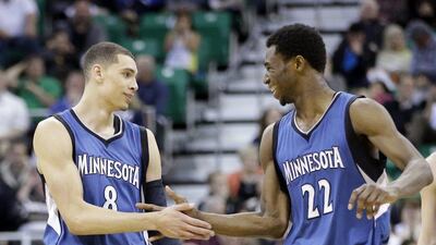 Minnesota Timberwolves rookies Andrew Wiggins, right, and Zach LaVine, shown during their NBA win over the Utah Jazz on Monday night. Rick Bowmer / AP / March 23, 2015