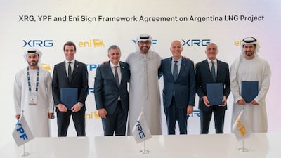 Dr Sultan Al Jaber, Minister of Industry and Advanced Technology, managing director and group chief executive of Adnoc and executive chairman of XRG (centre) with Claudio Descalzi, chief executive of Eni (third from right) and and Horacio Marín, chief executive of YPF (third from left) at the signing. Photo: XRG