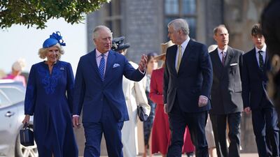 King Charles III and Queen Consort Camilla lead members of the royal family as they attend the Easter service at Windsor Castle. Getty