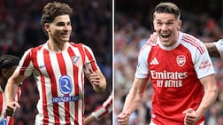 Julian Alvarez of Atletico de Madrid celebrates scoring his team's first goal from the penalty spot with Koke during the UEFA Champions League 2025/26 and Viktor Gyoekeres of Arsenal celebrates scoring his team's first goal with teammate Gabriel during the Premier League match between Arsenal and Fulham. photos" Getty Images