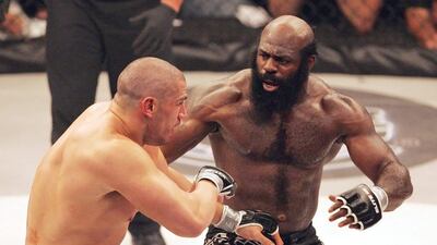 Photo shows Kimbo Slice, right, battling James Thompson of Manchester, England during their EliteXC heavyweight bout at the Prudential Center in Newark, N.J. on May 31, 2008. AP Photo/Rich Schultz