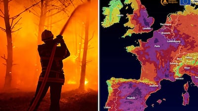 A firefighter tackles a forest fire at La Test-de-Buch, southwestern France. Europe's fire warning forecast, right, shows many more blazes are likely amid record temperatures. AP/EPA