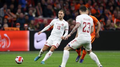 Christian Eriksen plays a pass during Denmark's match against the Netherlands. Getty