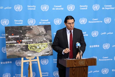 Israeli Ambassador to the UN Danny Danon speaks to the press ahead of a United Nations Security Council meeting on the Middle East at UN Headquarters in New York on March 31. AFP