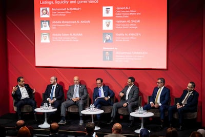 Mohammed Fannouch, left, Menat co-head of investment banking at HSBC, moderating a panel of chief executives from Gulf bourses at the lender's GCC Exchanges Conference in London. Photo: HSBC