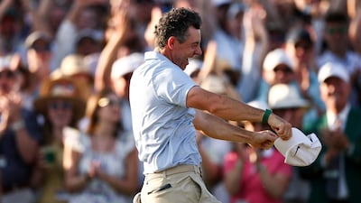 AUGUSTA, GEORGIA - APRIL 12: Rory McIlroy of Northern Ireland celebrates winning the 2026 Masters Tournament on the 18th green at Augusta National Golf Club on April 12, 2026 in Augusta, Georgia. Jared C. Tilton/Getty Images/AFP (Photo by Jared C. Tilton / GETTY IMAGES NORTH AMERICA / Getty Images via AFP)