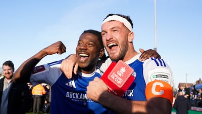 Macclesfield goalscorers Isaac Buckley-Ricketts and Paul Dawson celebrate after their FA Cup third round win over Crystal Palace at the Leasing.com Stadium on January 10, 2026. PA