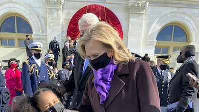 Amara Harris, the great niece of Vice President Kamala Harris, poses for a picture with Hillary Clinton. Twitter/ @meenaharris