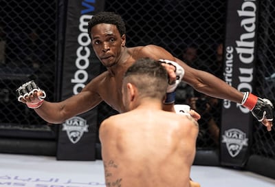 Sylvester Chipfumbu lands a high kick on Imad Bouamri in their UAE Warriors Africa fight at the Etihad Arena on Friday, March 17, 2023. Photo: UAE Warriors