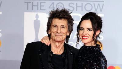 Ronnie Wood and Sally Humphreys arrive at the Brit Awards 2020 at The O2 Arena on Tuesday, February 18, 2020 in London, England. AP