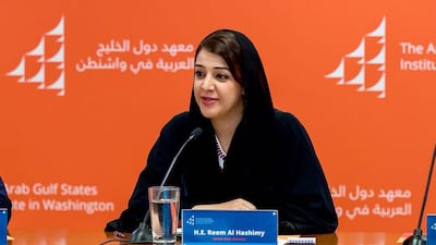 Ms Al Hashimy speaking at the Arab Gulf State Institute in Washington. UAE embassy