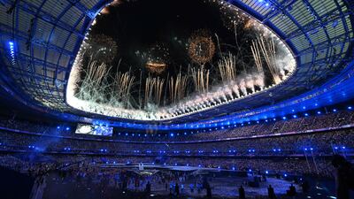 Fireworks go off during the closing ceremony of the Paris 2024 Olympic Games at the Stade de France. AFP