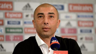 Schalke coach Roberto Di Matteo speaks during a news conference following the German Bundesliga match against Hamburger at the Imtech Arena in Hamburg, Germany. Di Matteo was sacked on Sunday afternoon. EPA/DANIEL REINHARDT