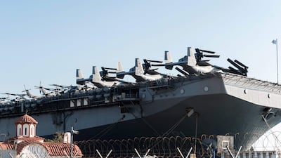 US amphibious assault ship the USS Wasp docked at Limassol, Cyprus, on August 9, 2024. AFP