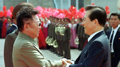 In this June 2000 archive image, then North Korean leader Kim Jong Il, left, and then South Korean President Kim Dae-jung shake hands in Pyongyang. Major summits hold no guarantee of further progress. In some cases, the summit is as good as it getsr. AP