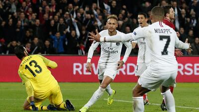 Neymar celebrates after scoring PSG's second goal against Liverpool. EPA