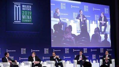 Left to Right - Amin Al Arrayed , Edamah, Ron Burkle, The Yucaipa Companies , Alain Bejjani , Majid Al Futtaim Holding, Jonathan Goldstein , Cain International and Michael S.Meldman , Discovery Land Company during the Emerging Trends: Shaping Real Estate session at the Milken Institute MENA Summit 2019 held at The St. Regis Saadiyat Island Resort in Abu Dhabi. Pawan Singh / The National