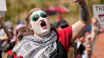 A supporter of Palestine protests against the participation of Israeli contestant Eden Golan in the Eurovision Song Contest. AP