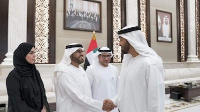 HH Sheikh Mohamed bin Zayed Al Nahyan Crown Prince of Abu Dhabi Deputy Supreme Commander of the UAE Armed Forces (R), greets a member of the Family Development Foundation, during an iftar reception at Al Bateen Palace. Mohamed Al Hammadi / Crown Prince Court - Abu Dhabi