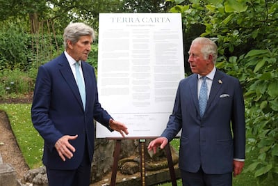 Prince Charles with US climate envoy John Kerry at St James' Palace in London on Thursday. AFP
