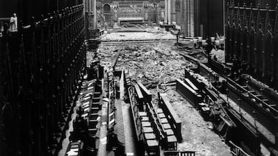 The interior of Westminster Abbey after a German bombing raid in 1941 during the Second World War