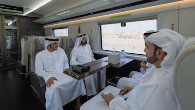 Sheikh Mohammed on board on Etihad Rail passenger train. Sheikh Mohammed / X