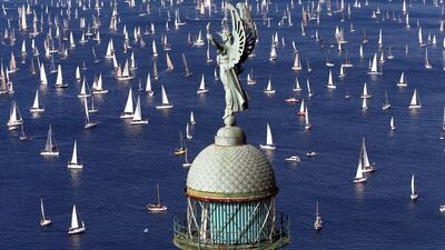 Sailing boats gather at the start of the Barcolana regatta in front of Trieste harbour, Italy. Stefano Rellandini / Reuters
