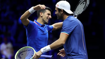 LONDON, ENGLAND - SEPTEMBER 24: Novak Djokovic and Matteo Berrettini of Team Europe celebrate their victory in the doubles match between Novak Djokovic and Matteo Berrettini of Team Europe and Jack Sock and Alex De Minaur of Team World at The O2 Arena on September 24, 2022 in London, England. (Photo by Julian Finney / Getty Images for Laver Cup)