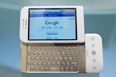 The G1 phone running Google's Android software is displayed. REUTERS