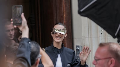 Bella Hadid departs after the Balenciaga Haute Couture Fall/Winter 2022-2023 fashion collection in Paris. AP
