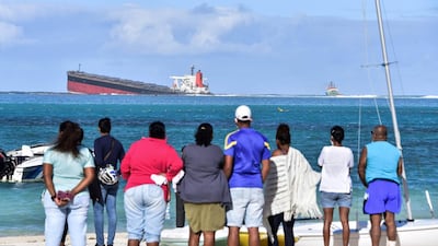 Bystanders look at the 'MV Wakashio' after it ran aground.